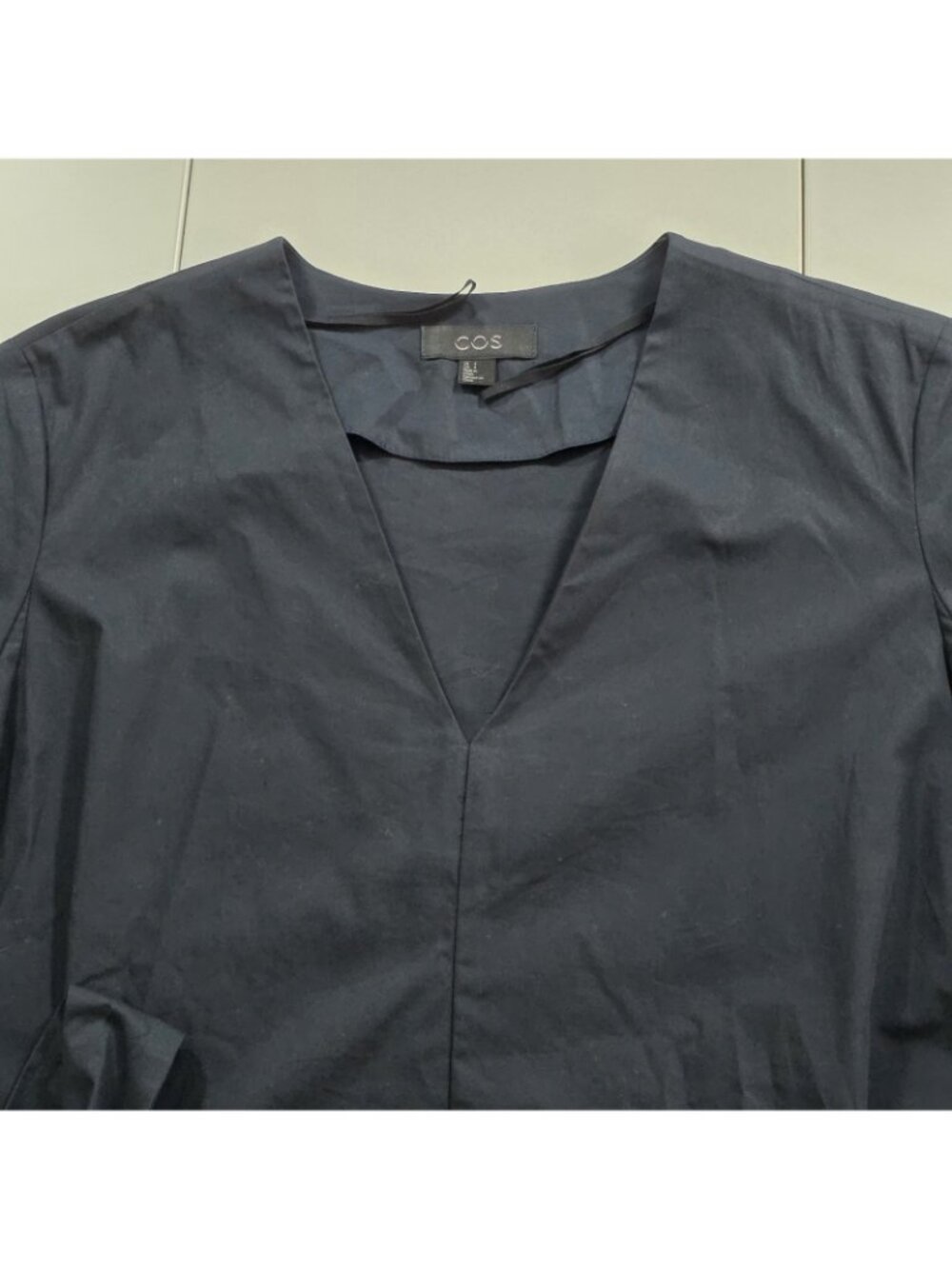 COS Poplin Cotton Dress Women 4 Navy V Neck SS Side Ties High Low Hem Minimalist - Picture 10 of 16